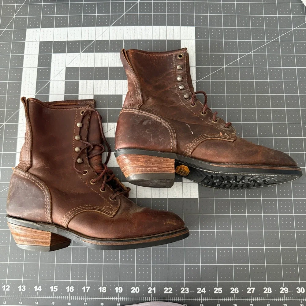 Vintage Heritage Rugged Brown Leather Logger Boots Vibram Woodsman Heel Mens 9.5